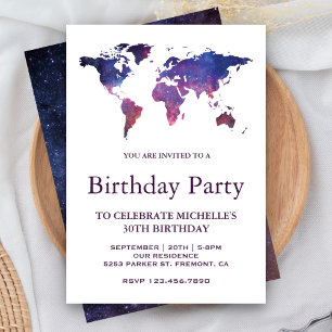 Galaxy Space World Map Birthday Party Invitation