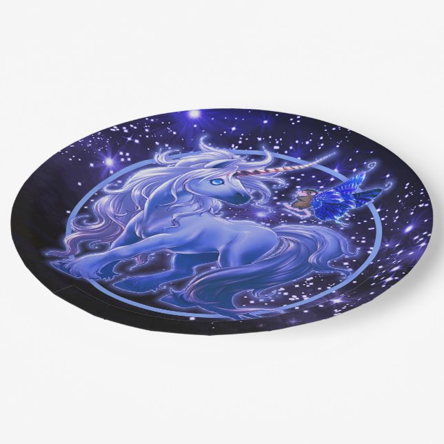 Galaxy Sparkle Bue Unicorn Paper Plates (Angled)