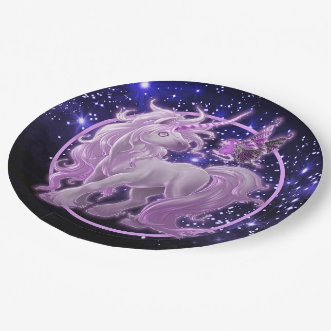 Galaxy Sparkle Pink Unicorn Paper Plates (Angled)