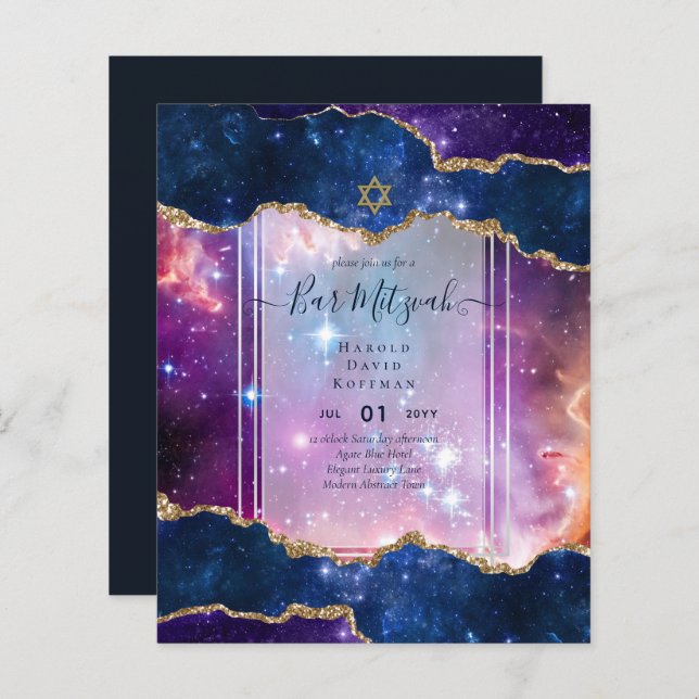 Galaxy Starry Night BAR MITZVAH Invitations Blue (Front/Back)