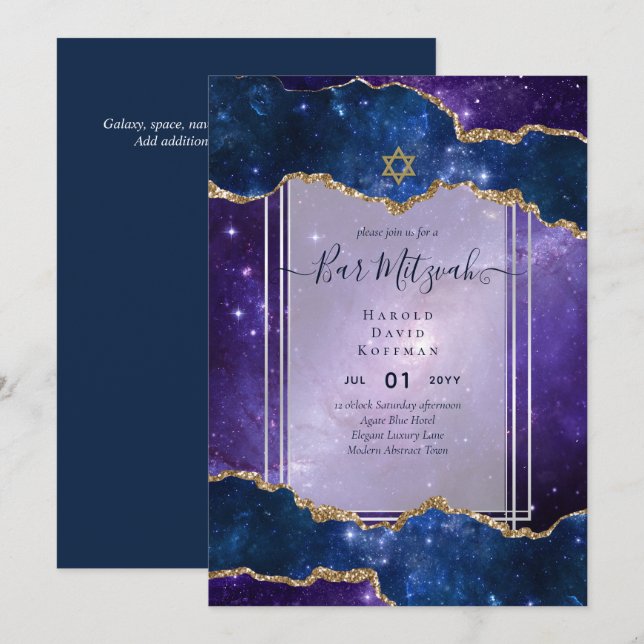 Galaxy Starry Night BAR MITZVAH Invitations Blue (Front/Back)