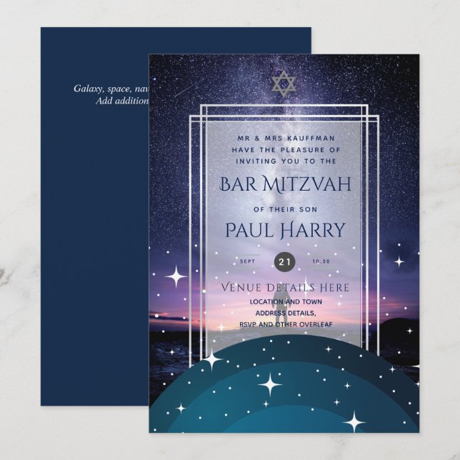 Galaxy Starry Night BAR MITZVAH Invitations Navy (Front/Back)