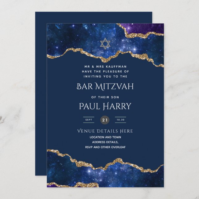 Galaxy Starry Night BAR MITZVAH Invitations Navy (Front/Back)