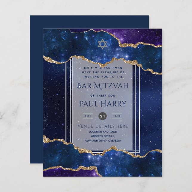 Galaxy Starry Night BAR MITZVAH Invitations Navy (Front/Back)