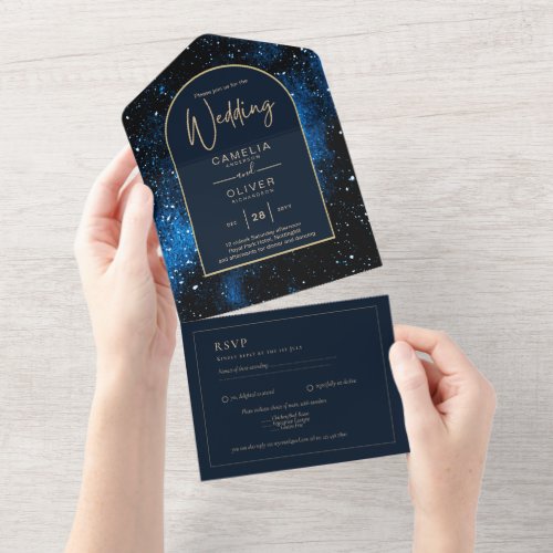 Galaxy Starry Night Navy Blue Gold Wedding All In One Invitation