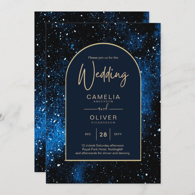 Galaxy Starry Night Navy Blue Gold Wedding Invitation (Front/Back)