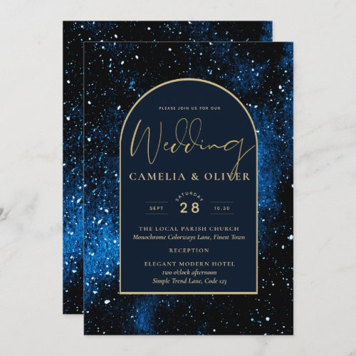 Galaxy Starry Night Navy Blue Gold Wedding Invitation