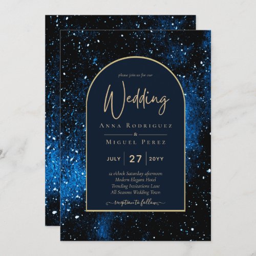 Galaxy Starry Night Navy Blue Gold Wedding Invitation