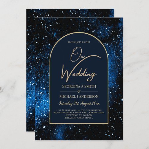 Galaxy Starry Night Navy Blue Gold Wedding Invitation