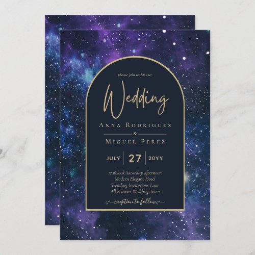 Galaxy Starry Night Purple Blue Gold Wedding Invitation