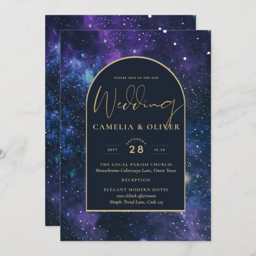 Galaxy Starry Night Purple Blue Gold Wedding Invitation