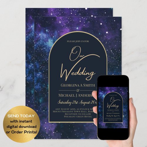 Galaxy Starry Night Purple Blue Gold Wedding Invitation