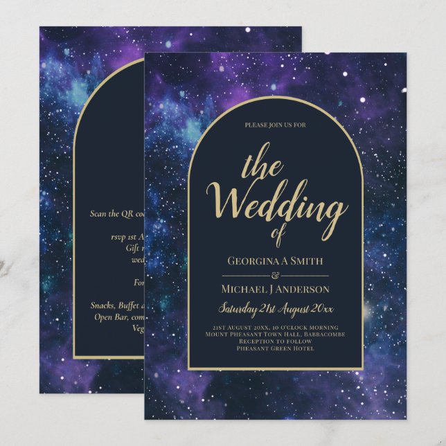 Galaxy Starry Night Purple Blue Gold Wedding Invitation (Front/Back)
