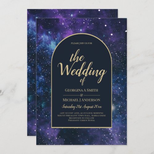 Galaxy Starry Night Purple Blue Gold Wedding Invitation