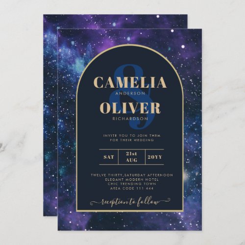 Galaxy Starry Night Purple Blue Gold Wedding Invitation