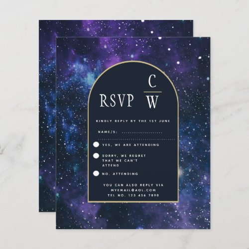 Galaxy Starry Night Purple Blue Gold Wedding RSVP