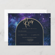 Galaxy Starry Night Purple Blue Gold Wedding RSVP