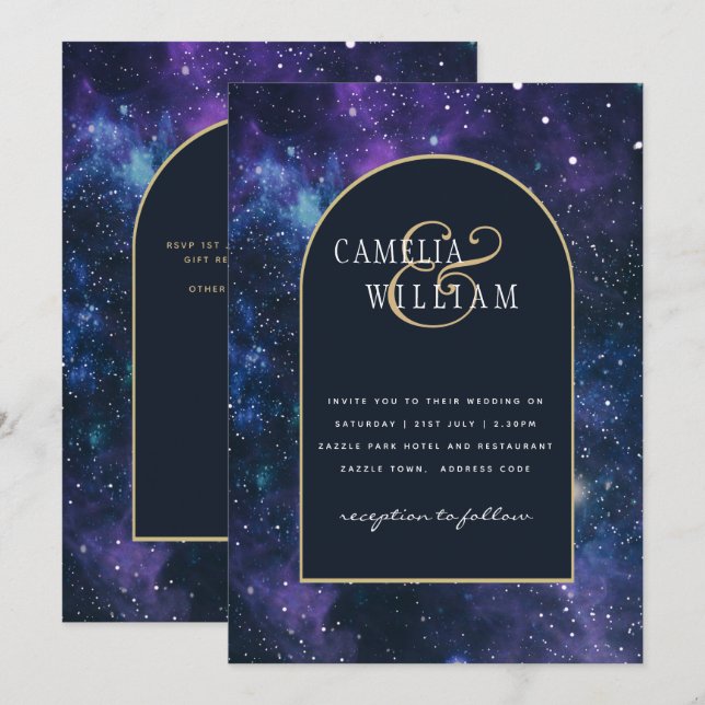 Galaxy Starry Night Purple Blue Wedding Invitation (Front/Back)