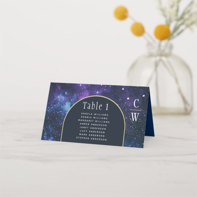Galaxy Starry Night Purple Blue Wedding Place Card (Front)