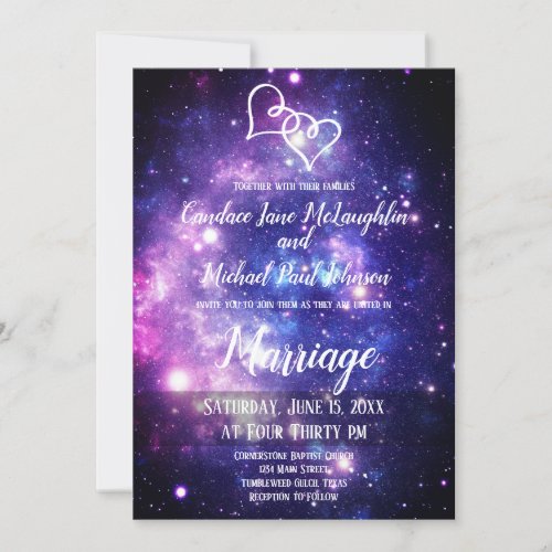 Galaxy Starry Night Space Double Hearts Wedding Invitation