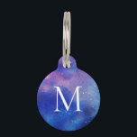 Galaxy Starry Outer Space Sky Pet ID Tag<br><div class="desc">Purple and blue galaxy stars background with a custom cat or dog monogram initial and name. Type in your personalized contact information on the back of this pretty pet ID collar charm. We also have coordinating bowls so you can create a matching set of pet accessories that match your cat...</div>