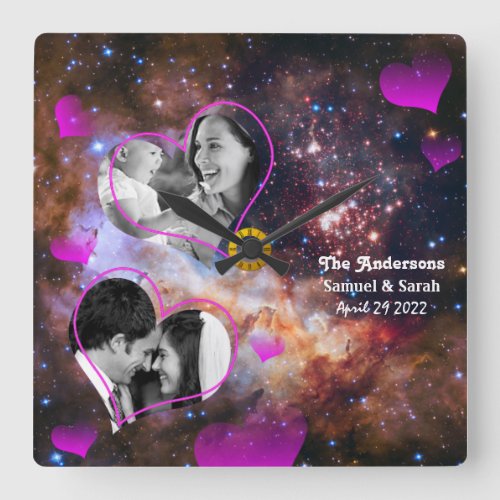 Galaxy Stars Anniversary Wedding Photo Collage Square Wall Clock