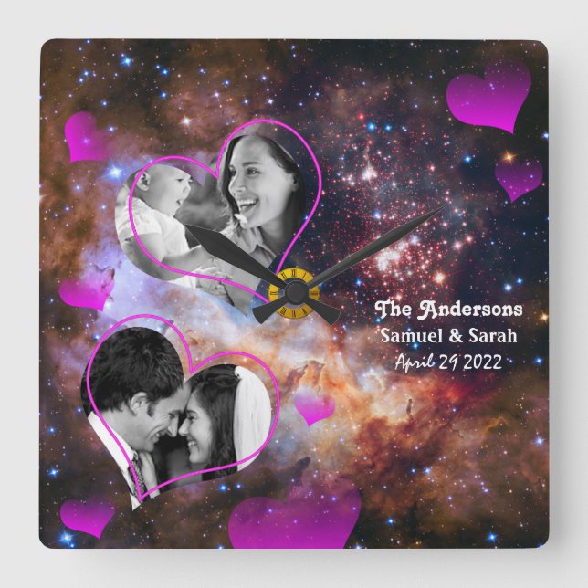 Galaxy Stars Anniversary, Wedding Photo Collage Square Wall Clock (Front)