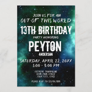 Galaxy Stars Birthday Party Green Blue Invitation