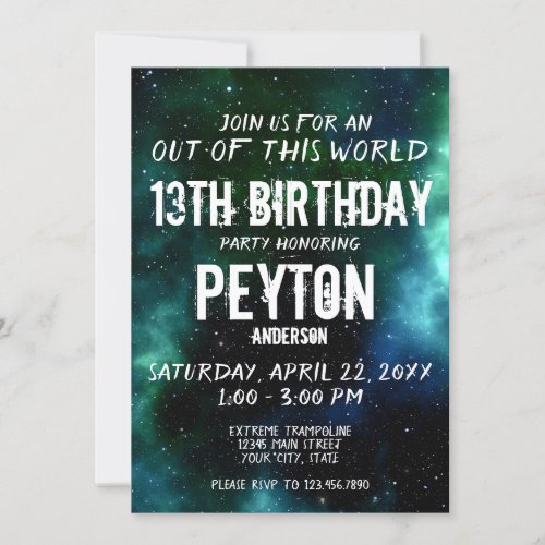 Galaxy Stars Birthday Party Green Blue Invitation