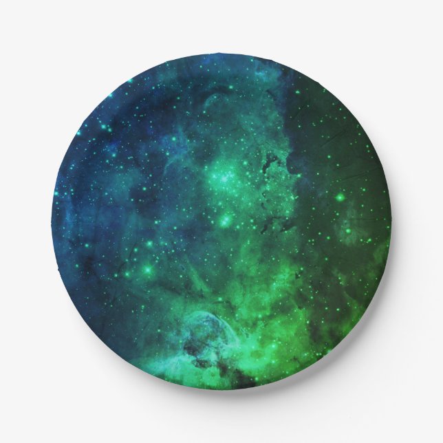 Galaxy Stars Space Green Neon Pattern Paper Plates (Front)