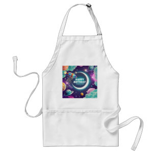 Galaxy-themed happy birthday crescent moon, stars adult apron