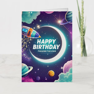 Galaxy-themed happy birthday crescent moon, stars foil greeting card