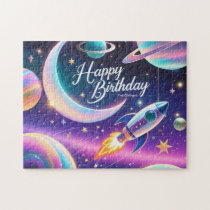 Galaxy-themed happy birthday crescent moon, stars jigsaw puzzle
