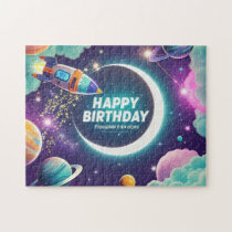 Galaxy-themed happy birthday crescent moon, stars jigsaw puzzle