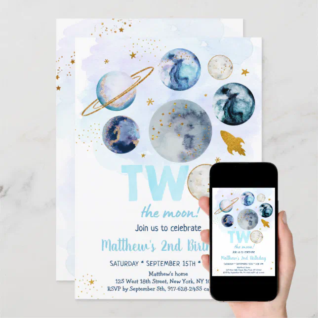 Galaxy Two The Moon Blue Gold Outer Space Birthday Invitation Zazzle