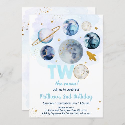 Galaxy Two The Moon Blue Gold Outer Space Birthday Invitation