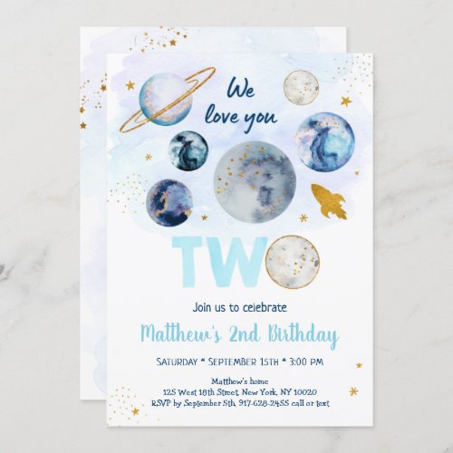 Galaxy Two The Moon Blue Gold Outer Space Birthday Invitation