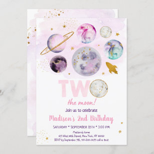 Galaxy Two The Moon Pink Gold Outer Space Birthday Invitation