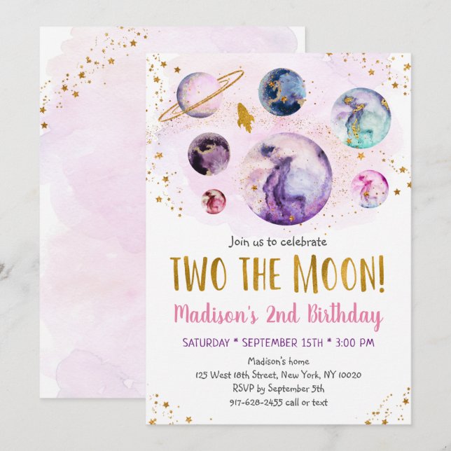 Galaxy Two The Moon Pink Gold Outer Space Birthday Invitation (Front/Back)