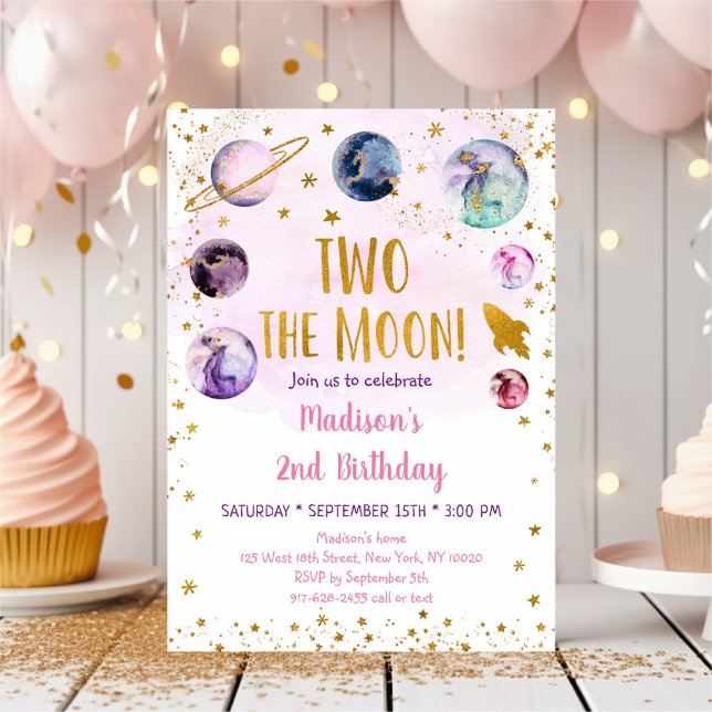 Galaxy Two The Moon Pink Gold Outer Space Birthday Invitation (Creator Uploaded)