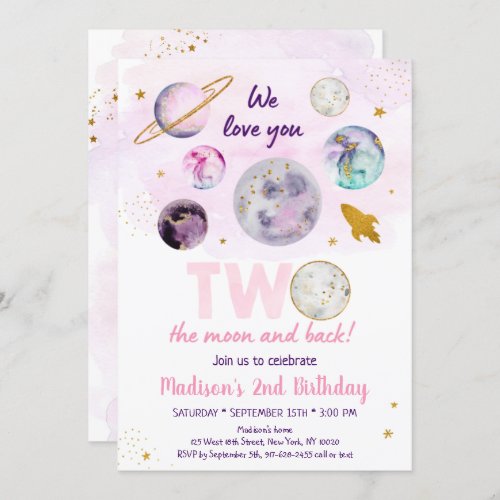 Galaxy Two The Moon Pink Gold Outer Space Birthday Invitation