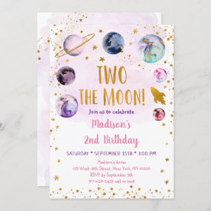 Galaxy Two The Moon Pink Gold Outer Space Birthday Invitation