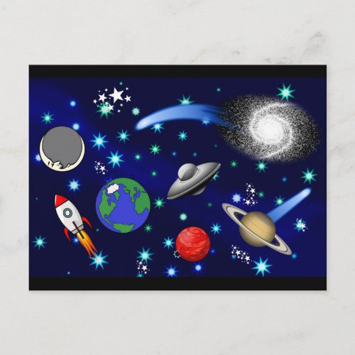 Galaxy Universe _ Planets Stars Comets Rockets Postcard