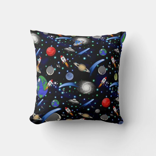Galaxy Universe - Planets, Stars, Comets, Rockets Throw Pillow (Front)