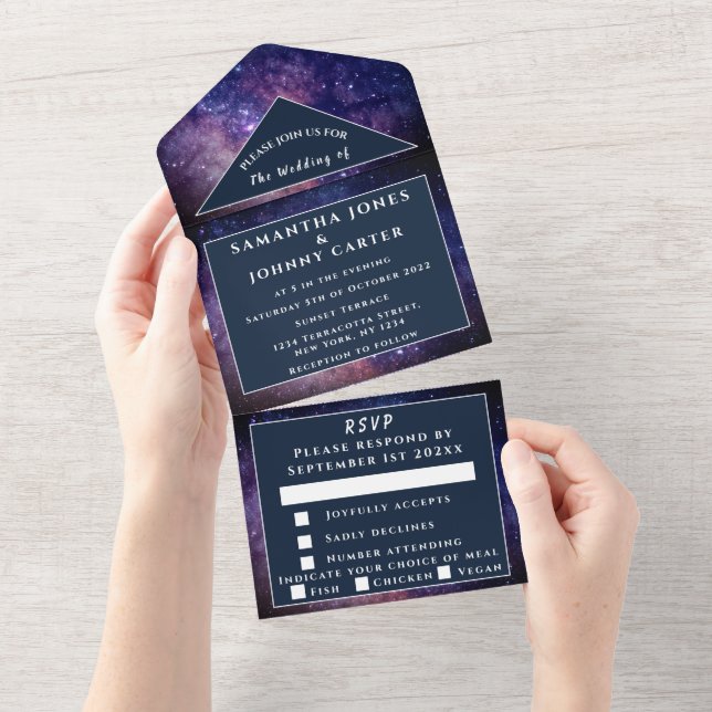 Galaxy Universe Stars Sky Wedding Space Navy Blue All In One Invitation (Tearaway)