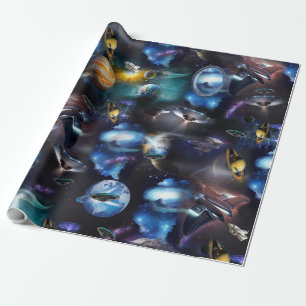 Galaxy visitors in space wrapping paper