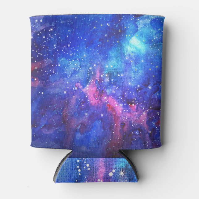 Galaxy Watercolor Night Sky. Can Cooler (Front)