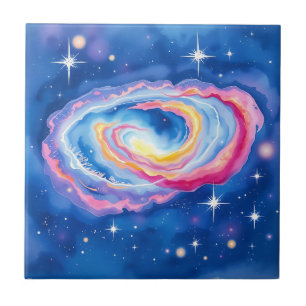 Galaxy Watercolor Swirling Colors and Sparkling Ceramic Tile