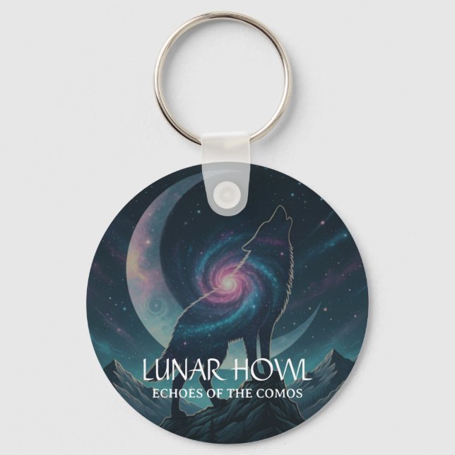 Galaxy Wolf Silhouette with Mystical Nebula Moon Keychain (Front)