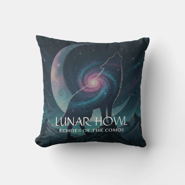 Galaxy Wolf Silhouette with Mystical Nebula Moon Throw Pillow (Front)